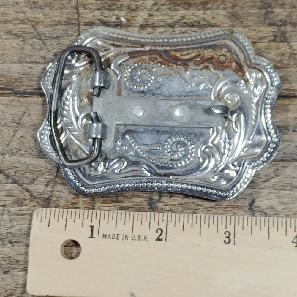 Vintage Belt Buckle Longhorn Texas Bull Western Silver Tone Cowboy Rodeo